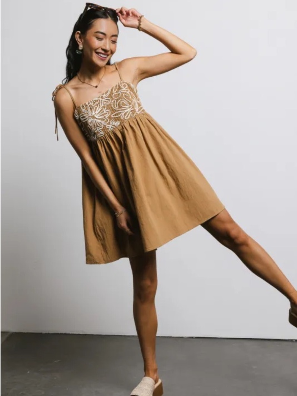 NWT In February Embroidered Mini Dress in Camel